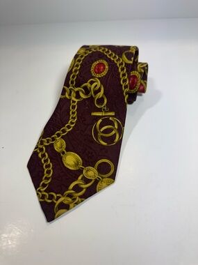 CHANEL Vintage Burgundy Tie with Gold Chain and Red Medallion Motif